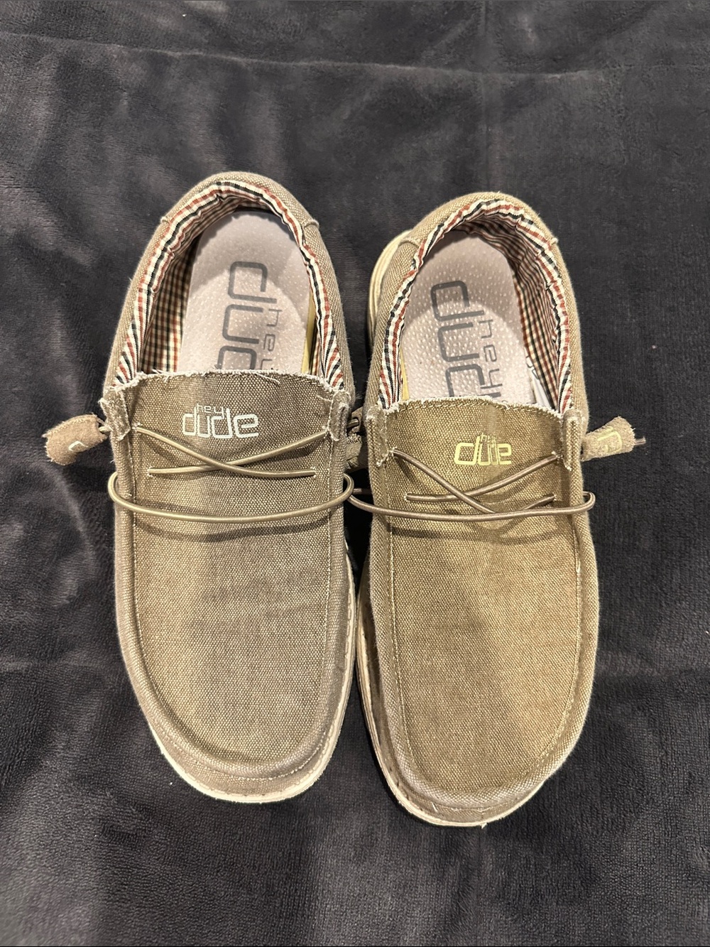 Hey Dude Nut and Black Plaid Canvas Slip-Ons